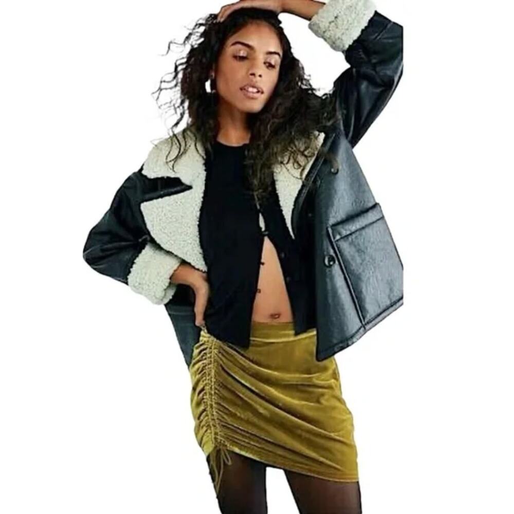 FP Free People Velvet Olive Green Mini Skirt Sz 0 Ruched